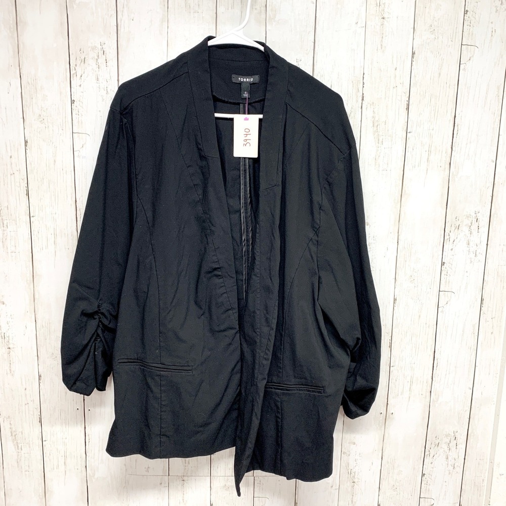 Torrid Ruched Sleeve Open Front Jacket Women Plus 6 Black Professional Rayon 6X